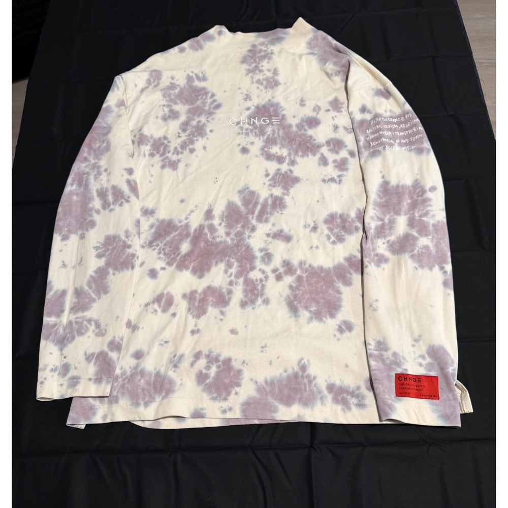 CHNGE Tie Dye Long Sleeve Mock Neck Tee Purple Cream Organic Cotton Medium